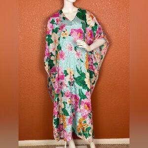 Sante Caftan Kaftan Dress One Size Tropical Floral Teal Green Paisley. E31